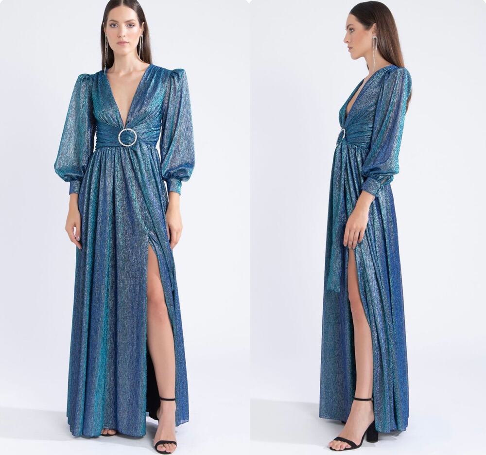 PatBo Metallic Blue Crystal Embellished Belted Lamé Maxi Dress Size 6 NWT $895